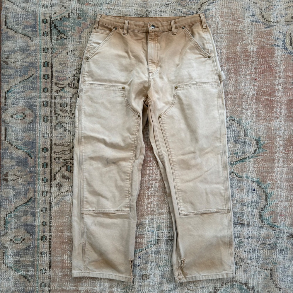 Carhartt B136 BRN Double Front Work Dungarees Faded Tan 33x30 Vintage Distressed